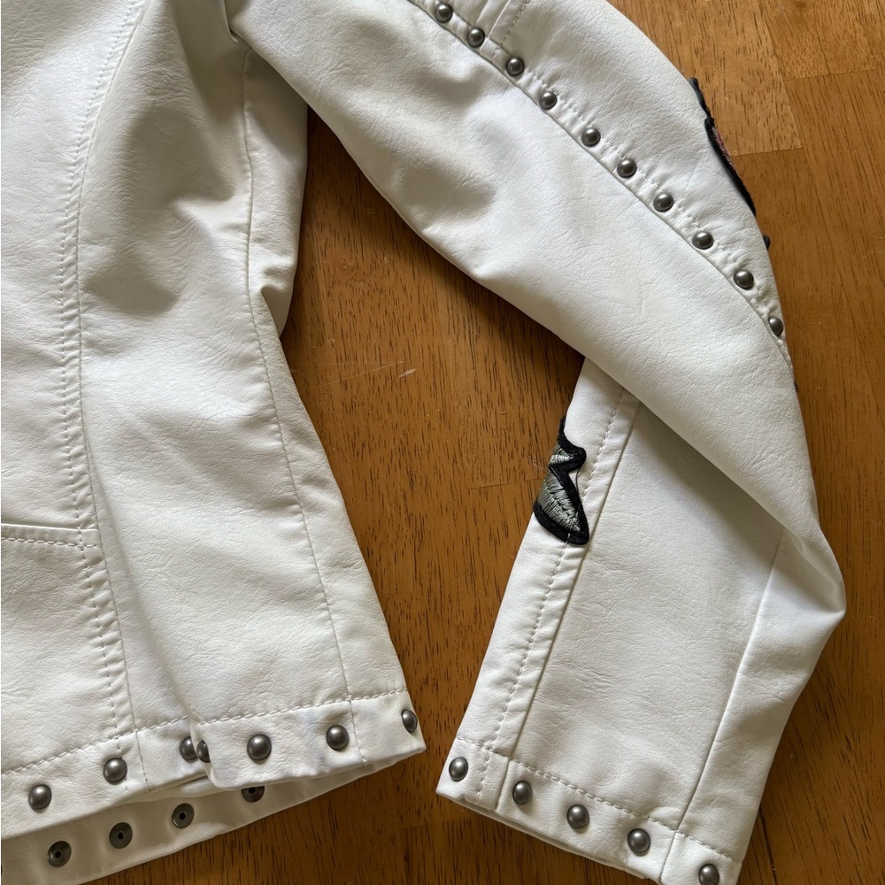 Embroidered studded faux leather moto jacket - Picture 8 of 12